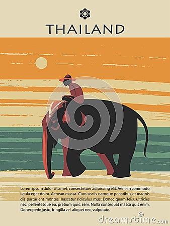 Vector poster Thailand. A man riding an elephant. Vector Illustration